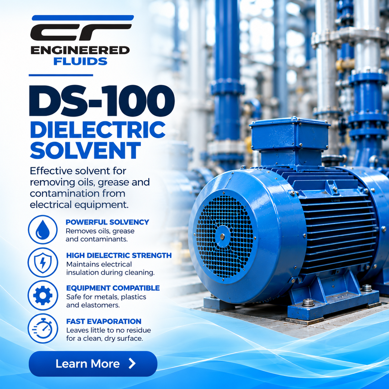 Advertisement banner for DS-100 Dielectric Solvent by Engineered Fluids, featuring a blue industrial pump on the right.