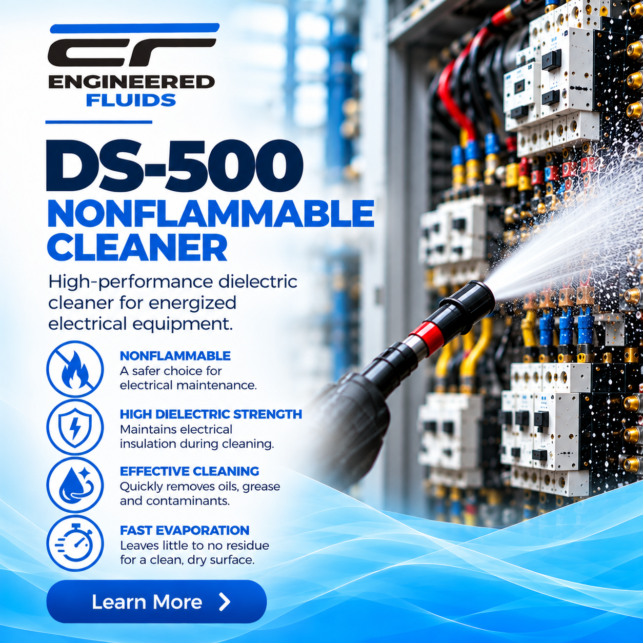 Advertisement for DS-500 Nonflammable Cleaner by Engineered Fluids, with a high-voltage electrical panel background and blue design elements.