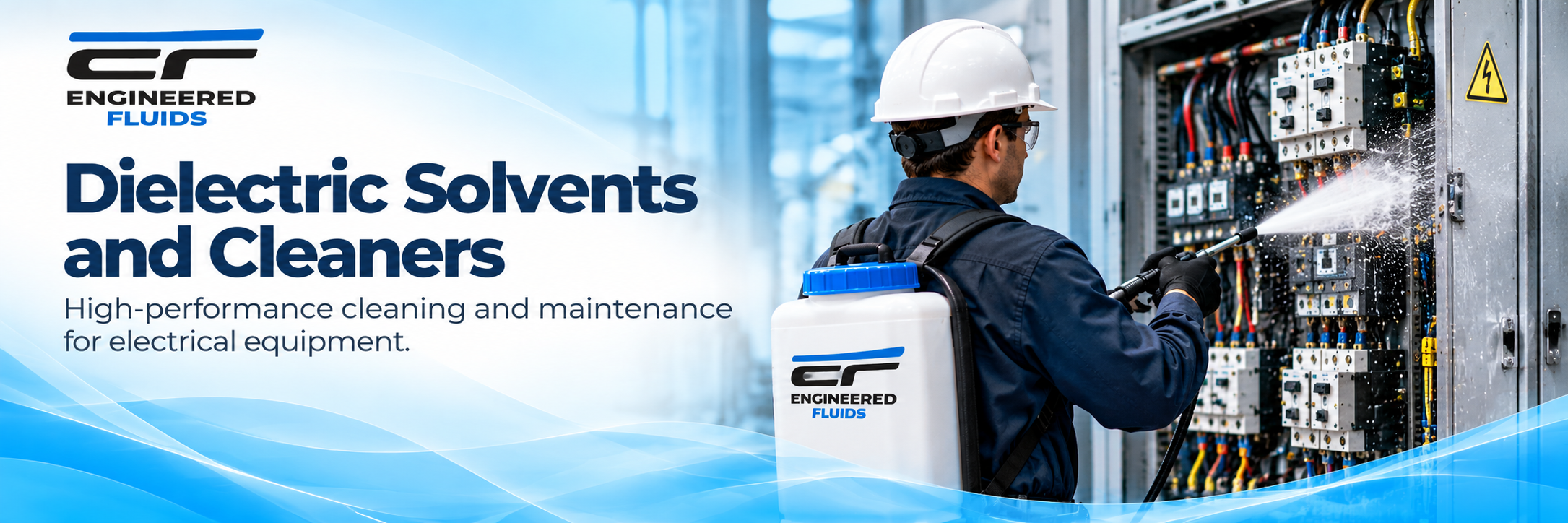 Technician in safety gear spraying an electrical panel; banner reads 'Dielectric Solvents and Cleaners' for Engineered Fluids.