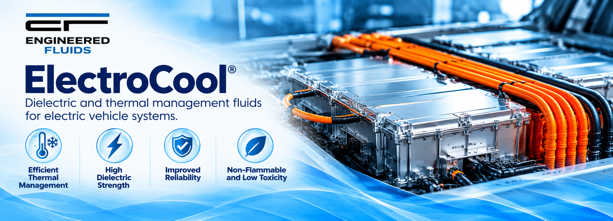 Promotional banner for ElectroCool dielectric and thermal management fluids for electric vehicles, with logo and orange cable hardware image.