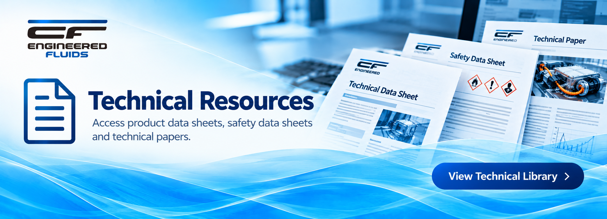 Banner promoting Technical Resources: access product data sheets, safety data sheets, and technical papers, with a 'View Technical Library' button.