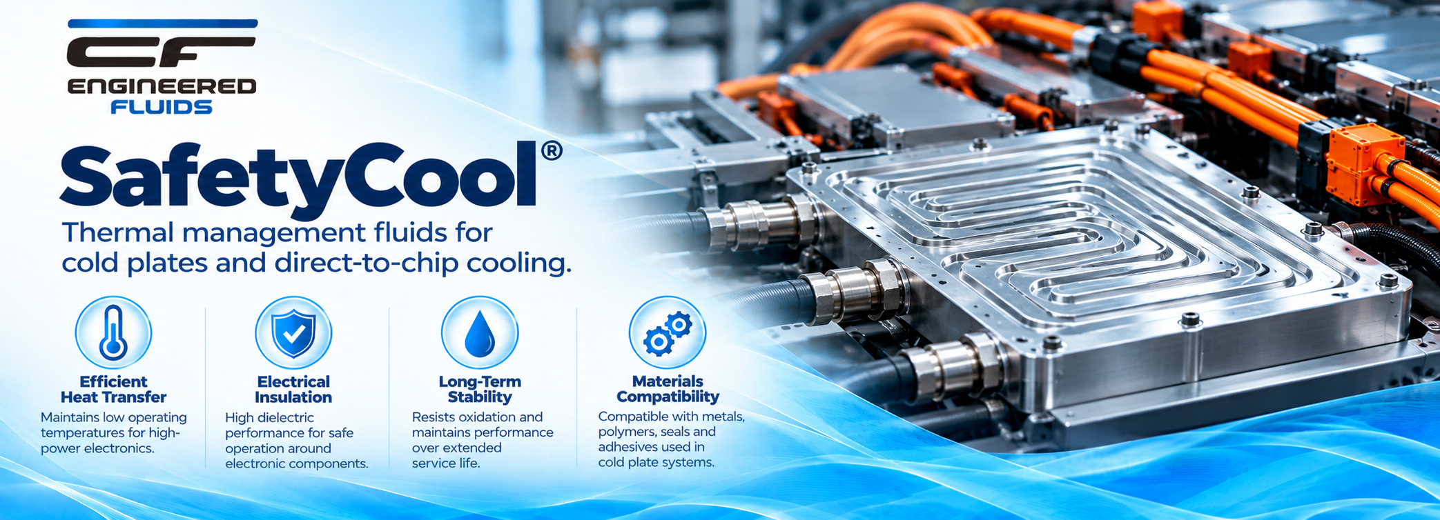 SafetyCool banner showing thermal management fluids for cold plates, with icons for heat transfer, insulation, stability, and material compatibility on the left and a metallic cooling plate on the right.