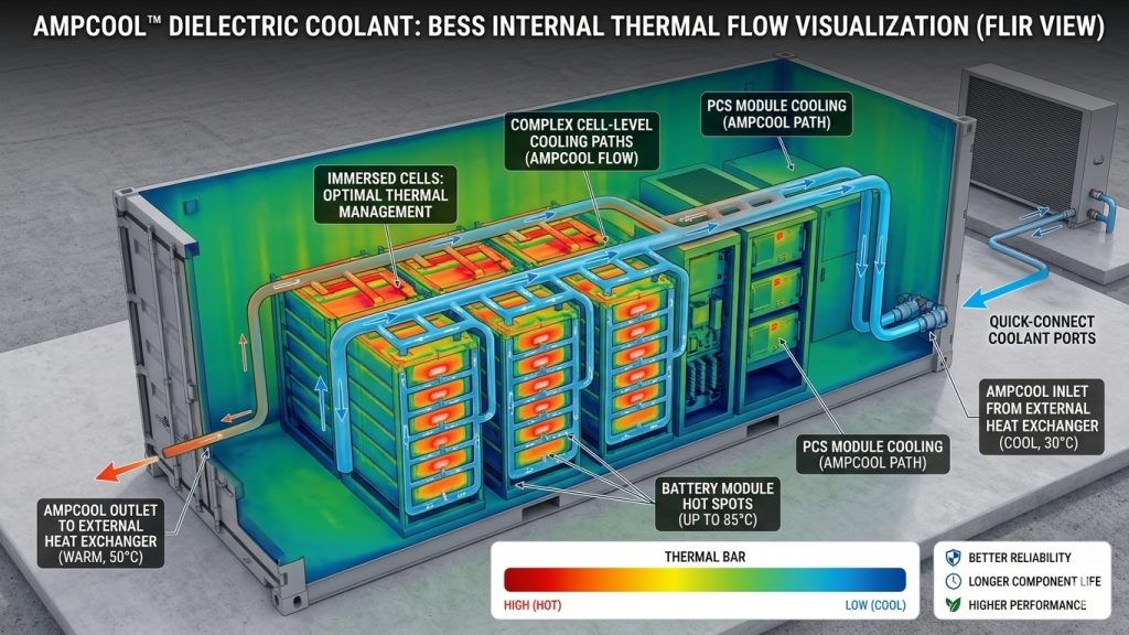 Infographic of a battery energy storage container showing internal cooling paths and thermal flow (FLIR view).