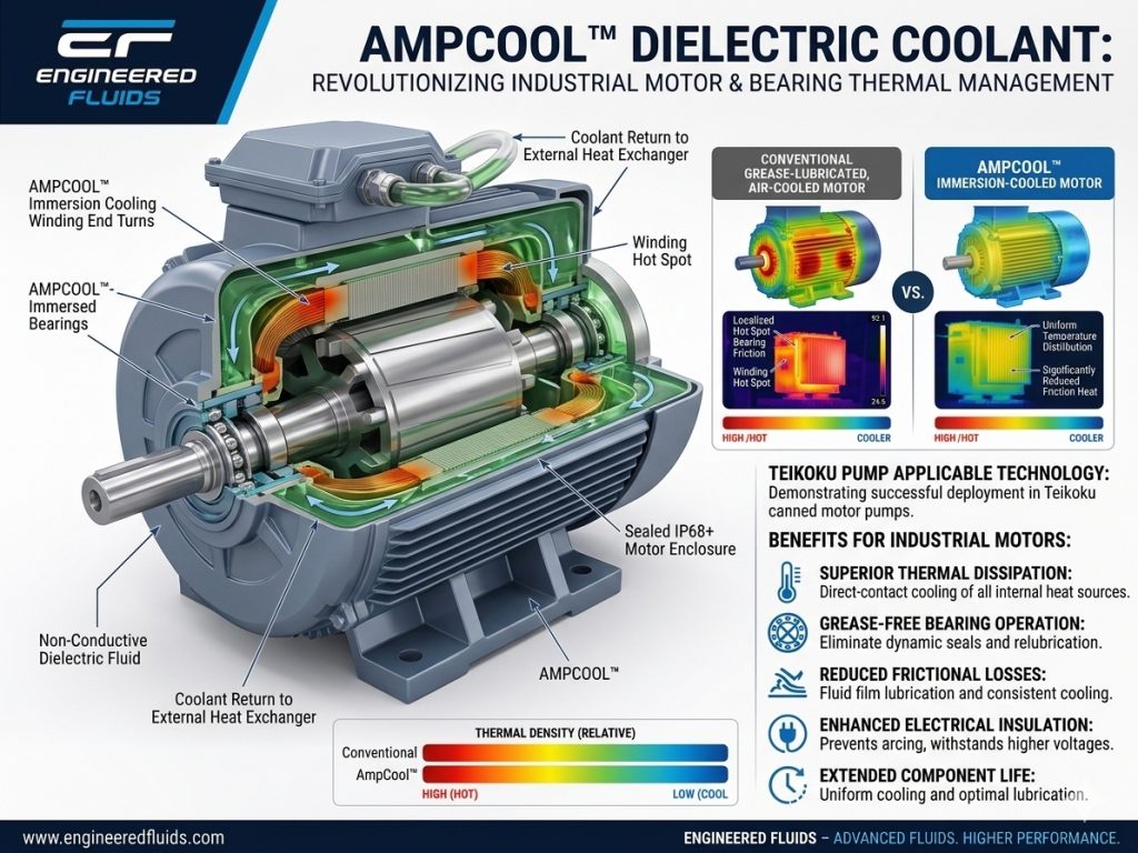 Cross-section of an electric motor with AMPCOOL immersion cooling: shows coolant flow, immersed bearings, and heat exchangers; side-by-side comparison with conventional cooling.