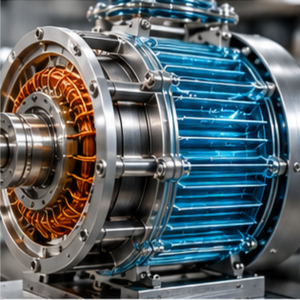 Close-up of a large industrial electric motor showing copper windings and a blue metallic housing.
