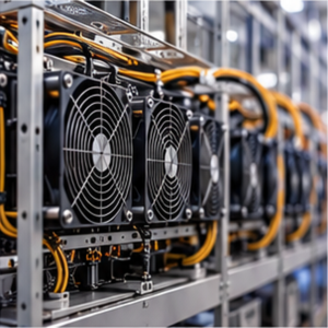 Row of server racks in a data center with large front cooling fans and yellow cables running along the equipment.