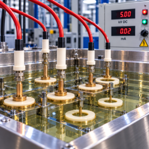 High-voltage laboratory test setup with copper electrodes and red cables in a liquid-filled stainless steel chamber, control panel reading 5.00 kV DC and 0.02 mA