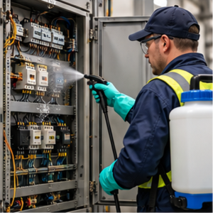 Technician in safety gear spraying a solution inside an open electrical control cabinet.