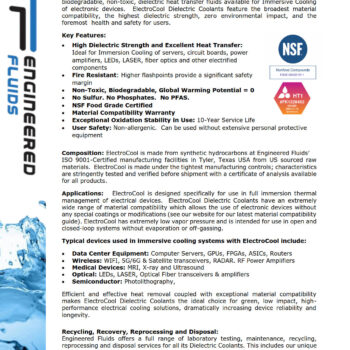 Product flyer for ElectroCool Dielectric Coolants, featuring NSF and HT1 logos with left-side branding and a bold feature list on the right.