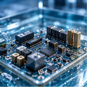 Close-up of a blue-toned electronic circuit board with chips, capacitors, and connectors inside a device capsuled in a clear housing.