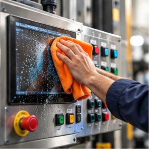 Worker cleans a touchscreen industrial control panel with an orange microfiber cloth, buttons and a red emergency stop nearby