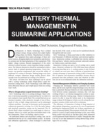 Page from a technical article titled 'Battery Thermal Management in Submarine Applications' with author line and dense two-column text.