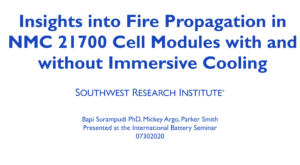 Slide title: 'Insights into Fire Propagation in NMC 21700 Cell Modules with and without Immersive Cooling,' with SwRI branding at the bottom.