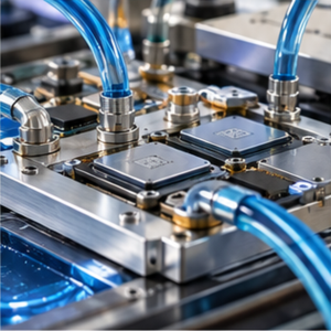 Close-up of industrial semiconductor equipment with blue coolant tubes and metal modules.