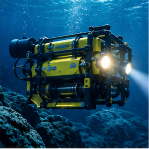 Yellow underwater remotely operated vehicle (ROV) with twin headlights exploring a rocky seabed in deep blue water.