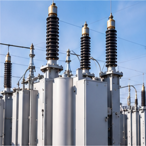 Electrical substation equipment with tall insulated columns and gray transformers under a blue sky