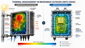 Diagram comparing conventional air-cooled and immersion-cooled microwave outdoor units (ODUs) for thermal management, showing heat sources and cooling paths on the left and immersion cooling with coolant on the right.