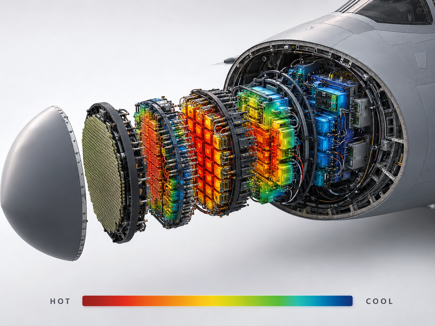 Cutaway view of a jet engine showing internal components with a color-coded heat map from red to blue.