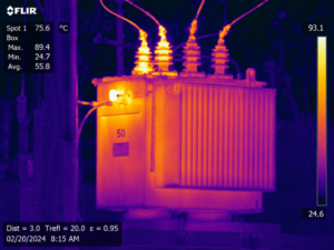 Infrared image of a power transformer with hot spots, showing temperatures around 75–89°C and a FLIR display on the left.