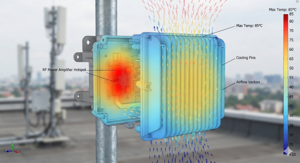 Thermal visualization of an RF power amplifier enclosure showing heat map (hotspots red) and cooling fins with airflow arrows.