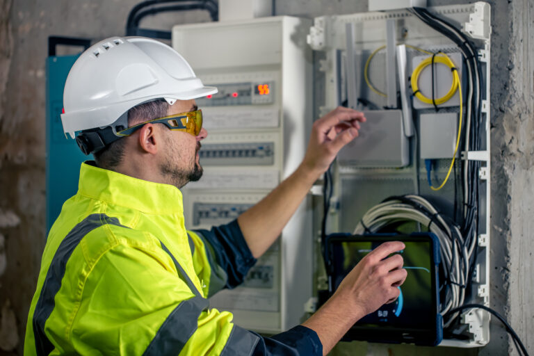 Technician in a high-visibility jacket and hard hat inspects an open electrical control panel with many cables and indicators.