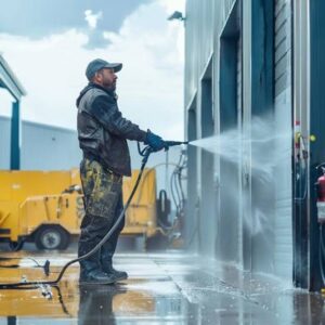 A worker in work clothes uses a pressure washer to clean the building’s exterior; a high-velocity water spray is visible.
