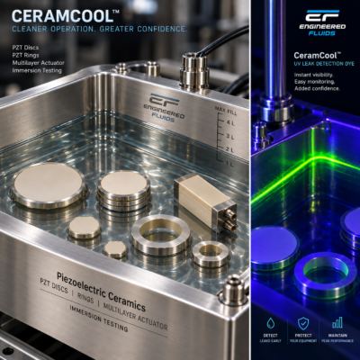 Industrial immersion testing chamber with metal discs, rings and blocks; CeramCool branding and immersion testing label visible.