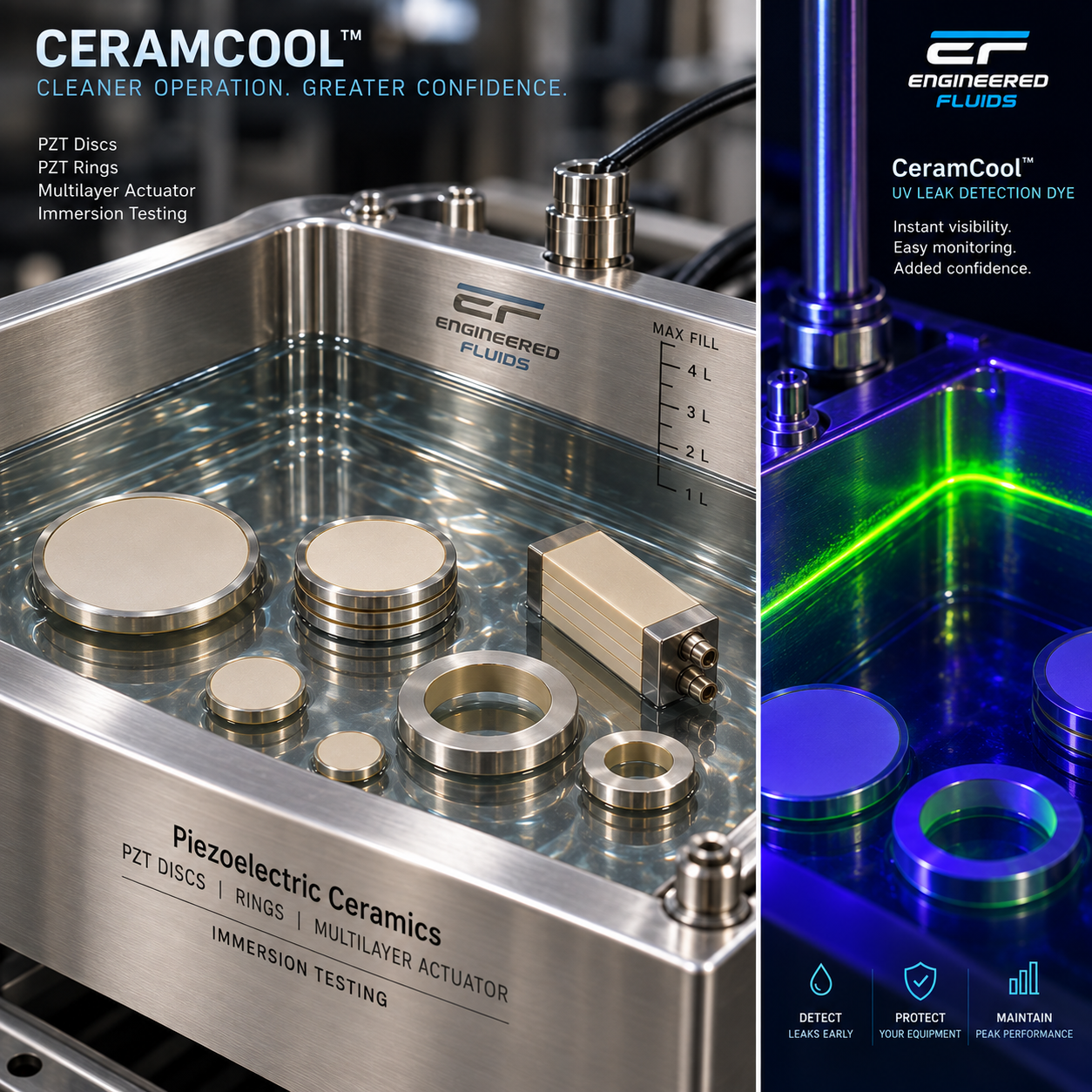 Industrial immersion testing chamber with metal discs, rings and blocks; CeramCool branding and immersion testing label visible.