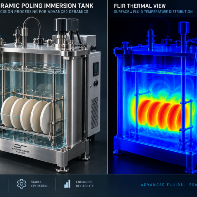 Split-view industrial device: left panel shows a ceramic poling immersion tank with stainless steel frame, dielectric fluid, ceramic disks, temperature sensor, and insulated base; right panel shows a blue thermal image of the same unit highlighting temperature distribution up to about 100°C.