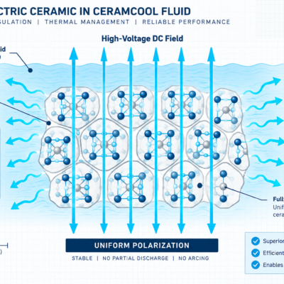 Diagram of ferrolectric ceramic in CeramCool fluid showing a high‑voltage DC field across stacked grains, producing uniform polarization and directing heat flow for efficient insulation.